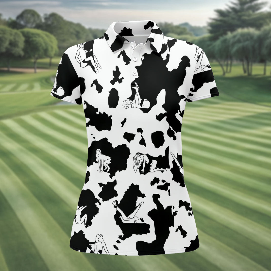 Cow Print Golf Shirt, Adult Humor Hidden Pin Up Pattern, Golf Shirt For Women