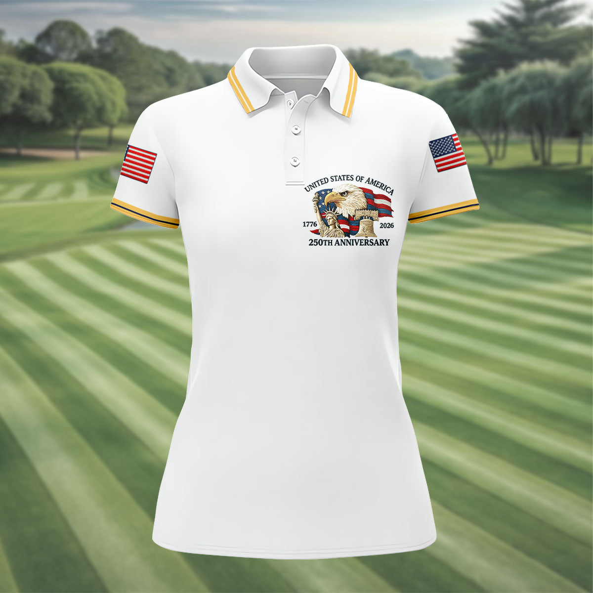 Bald Eagle American Flag 250 Years White Golf Shirt, Patriotic 4th Of July Golf Shirt For Women