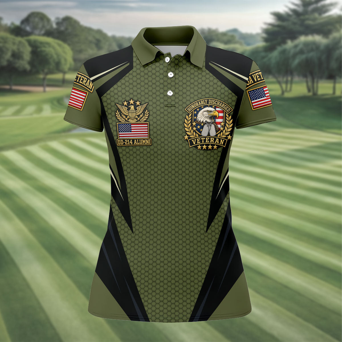DD-214 Olive Hexagon Golf Polo Shirt, Golf Shirts For Women, Veterans Day Golf Shirt
