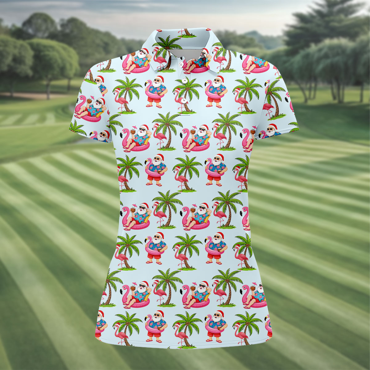 Flamingo Float Santa Christmas Golf Shirt, Women's Golf Tops, Hawaiian Golf Shirt, Golf Shirts For Women