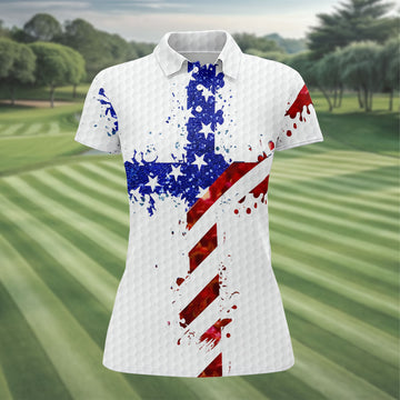 Red White Blue Paint Splash Faith Cross Patriotic Golf Shirt, 250 Years 4th Of July Golf Shirt For Women