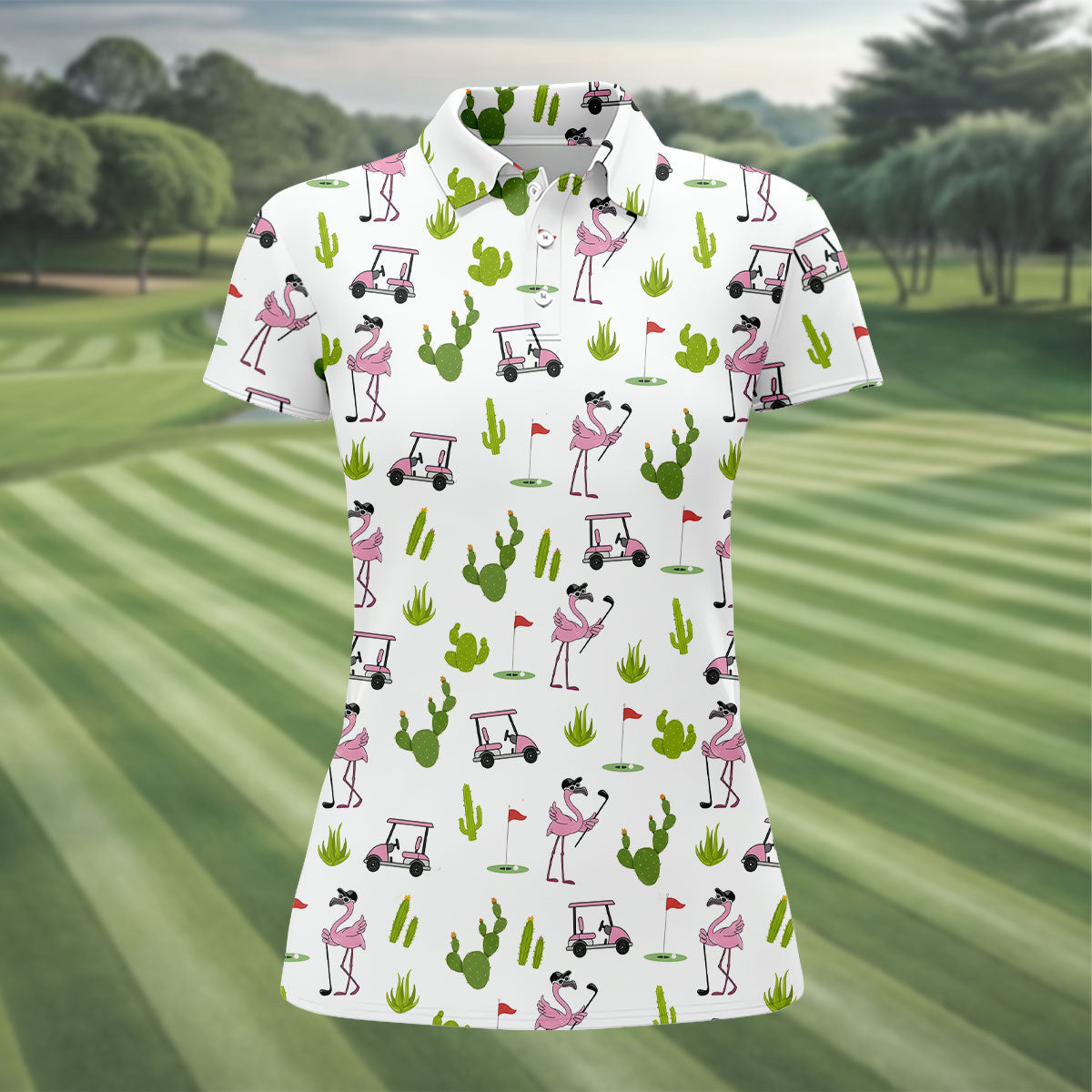Pink Flamingo Golf Cart Cactus Hawaiian Golf Shirt, Women’s Golf Polo, Performance Golf Shirt