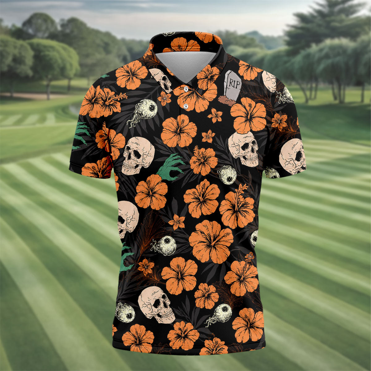 Halloween Skull Hibiscus Floral Pattern Golf Polo Shirt, Golf Polo Shirts For Men, Mens Golf Apparel