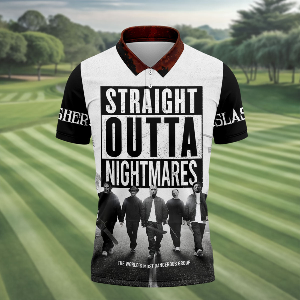 Straight Outta Nightmares Horror Character Golf Polo Shirt, Mens Golf Shirts, Hawaiian Golf Shirt