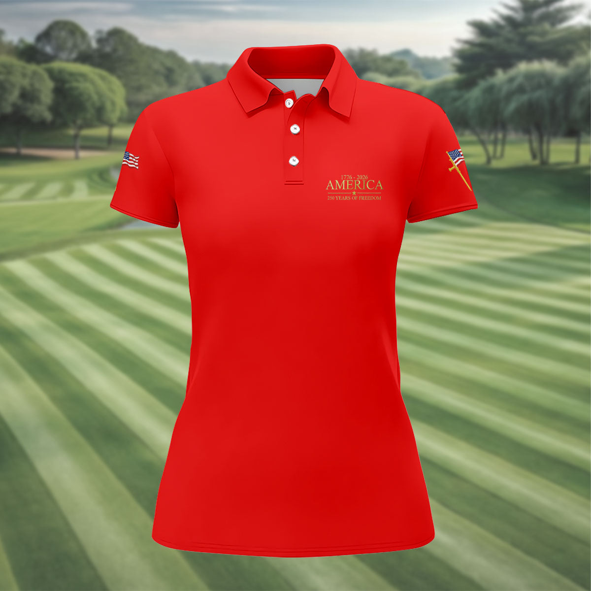 America 250 Years Of Freedom Faith Cross Red Golf Shirt, Patriotic 4th Of July Golf Shirt For Women