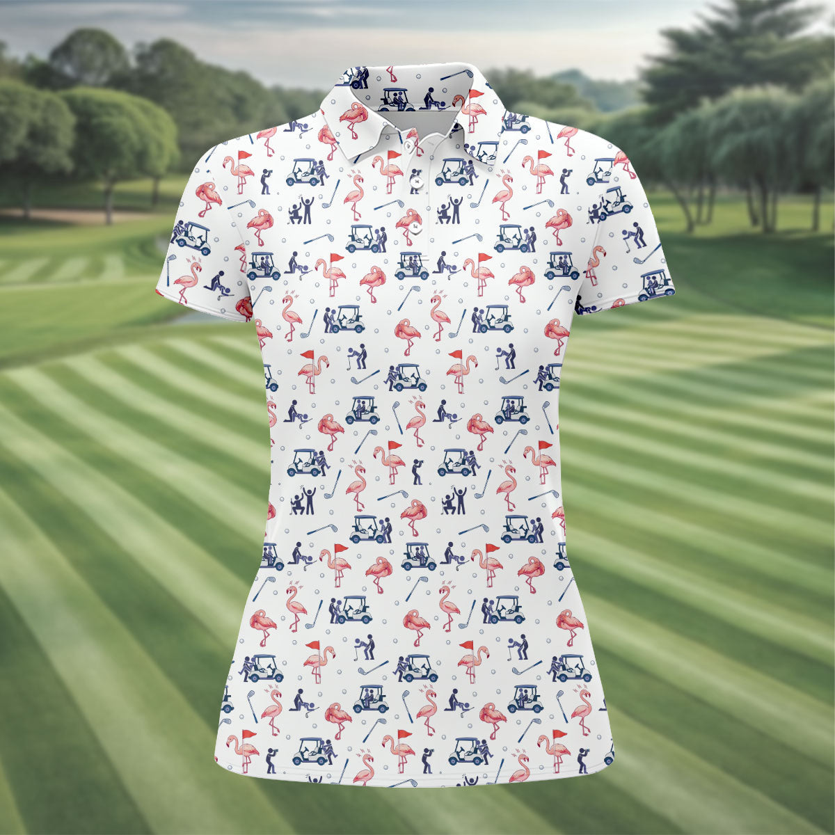 Flamingo Funny Golf Pattern Polo Shirt, Women's Golf Polo, Performance Golf Shirt