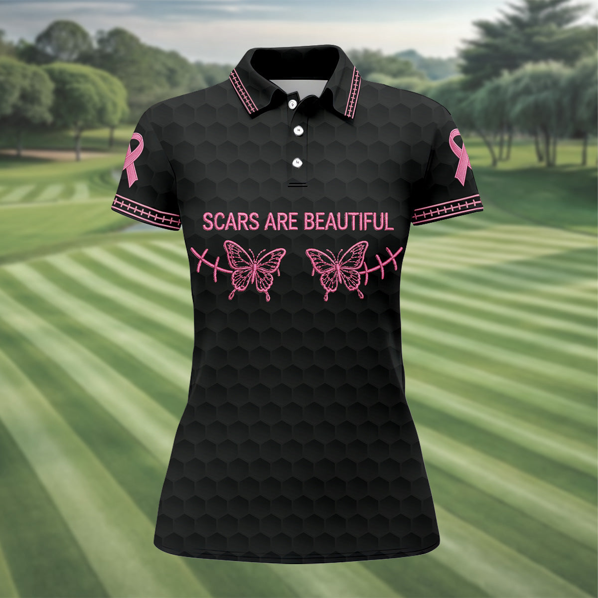 Scars Are Beautiful Ribbon Breast Cancer Polo Shirt, Womens Golf Tops, Ladies Golf Shirts