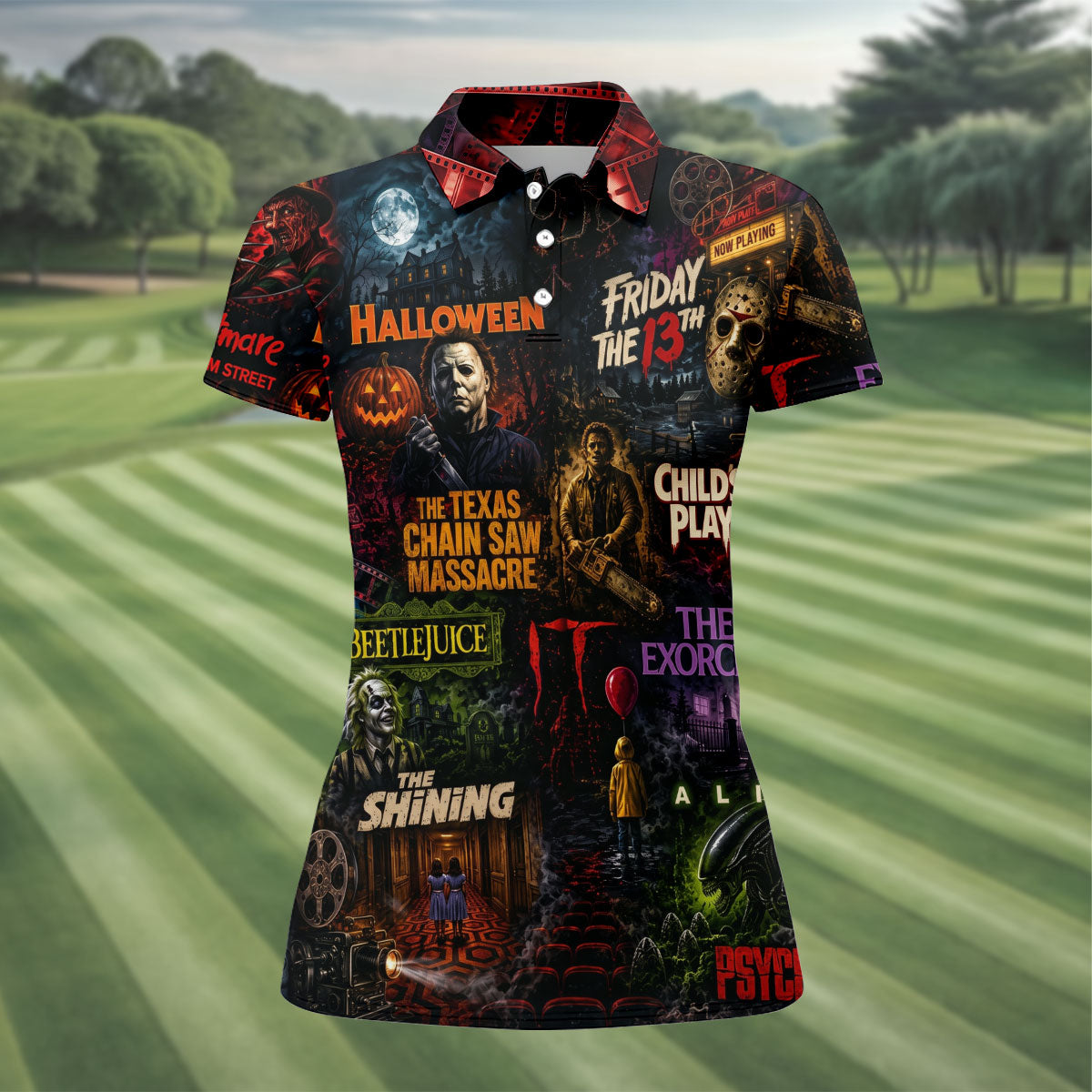 Classic Horror Character Movie Poster Collage Golf Polo Shirt, Women's Golf Polo, Printed Golf Shirts