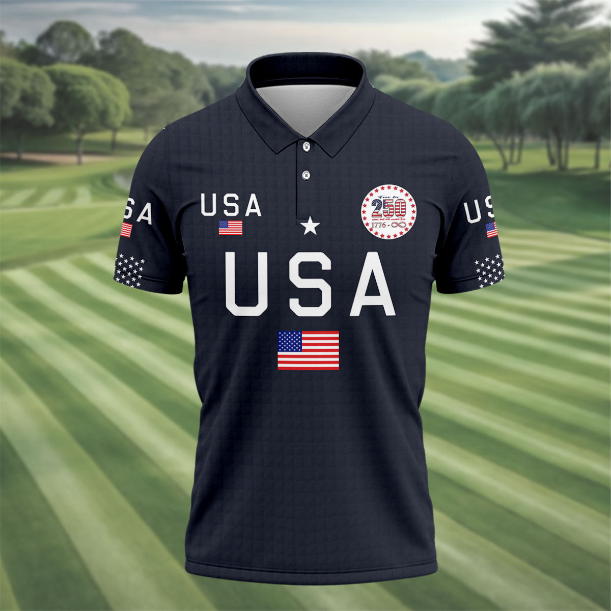 Free For 250 Years Black Patriotic Golf Shirt, 4th Of July Golf Shirt, 250th Anniversary Polo Shirts For Men