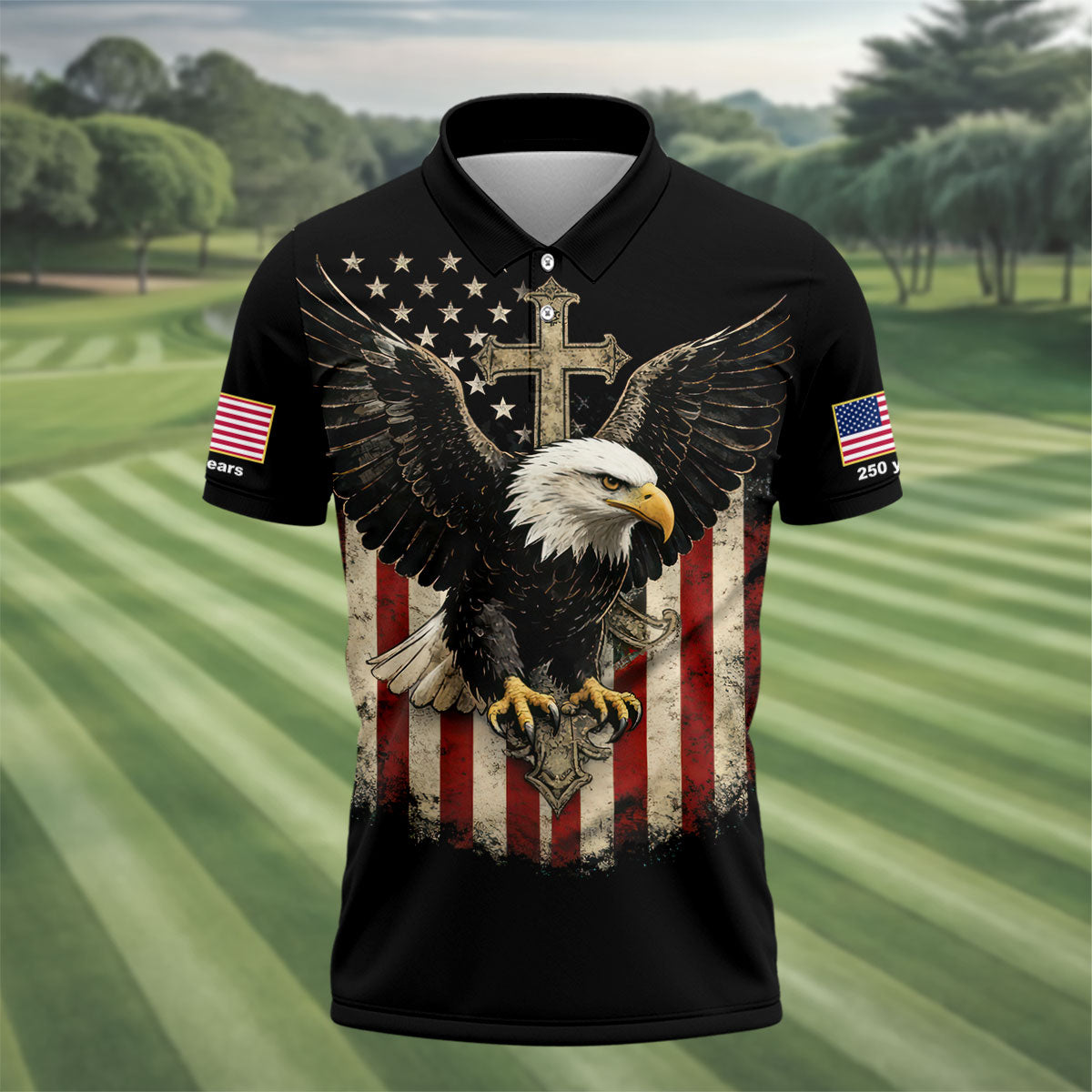Faith Cross Bald Eagle And US Flag Black Golf Shirt, Patriotic 4th Of July Golf Shirts For Men