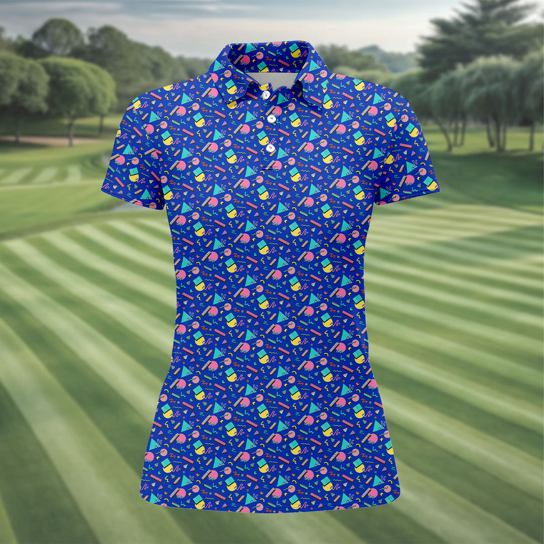 Memphis Pattern Hawaiian Golf Shirt, Retro Summer Women's Golf Tops, Ladies Golf Shirts