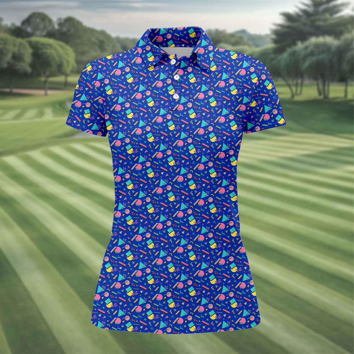 Memphis Pattern Hawaiian Golf Shirt, Retro Summer Women's Golf Tops, Ladies Golf Shirts