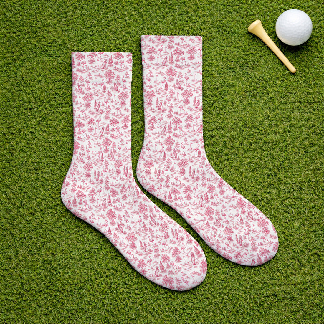 Toile De Jouy Flamingo Golf Crew Sock, Crazy Pink Golf Socks, Golf Gift For Golfer