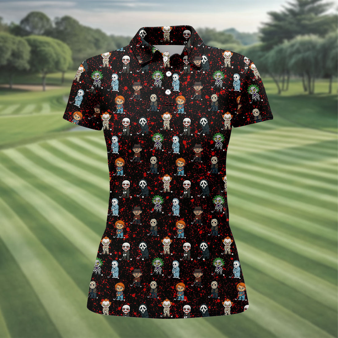Black Horror Character Golf Polo Shirt, Women's Golf Polo, Ladies Golf Shirts