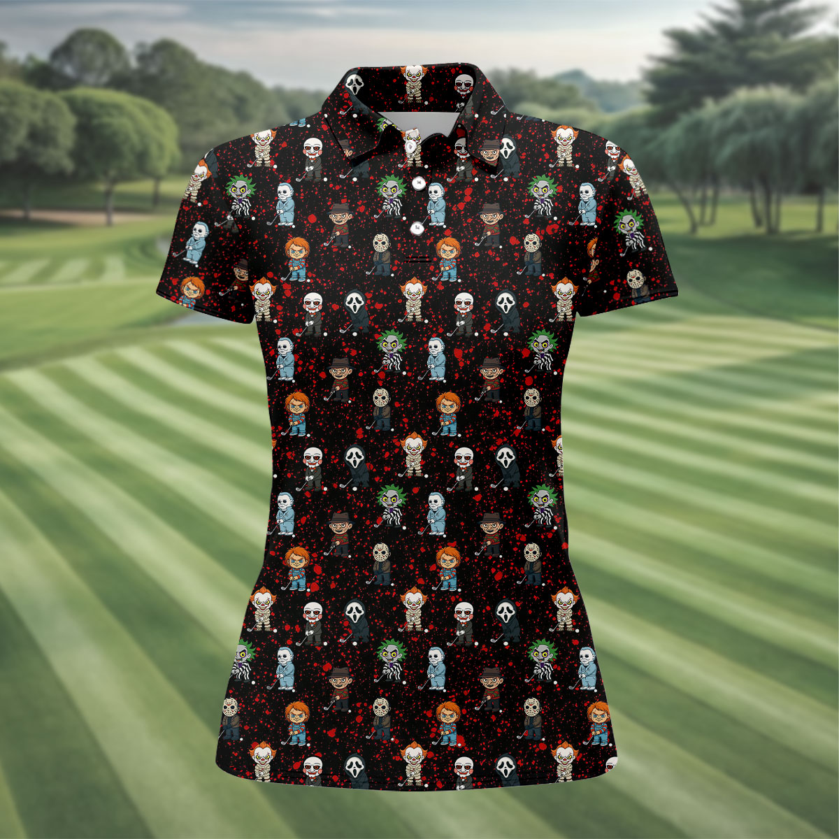 Black Horror Character Golf Polo Shirt, Women's Golf Polo, Ladies Golf Shirts
