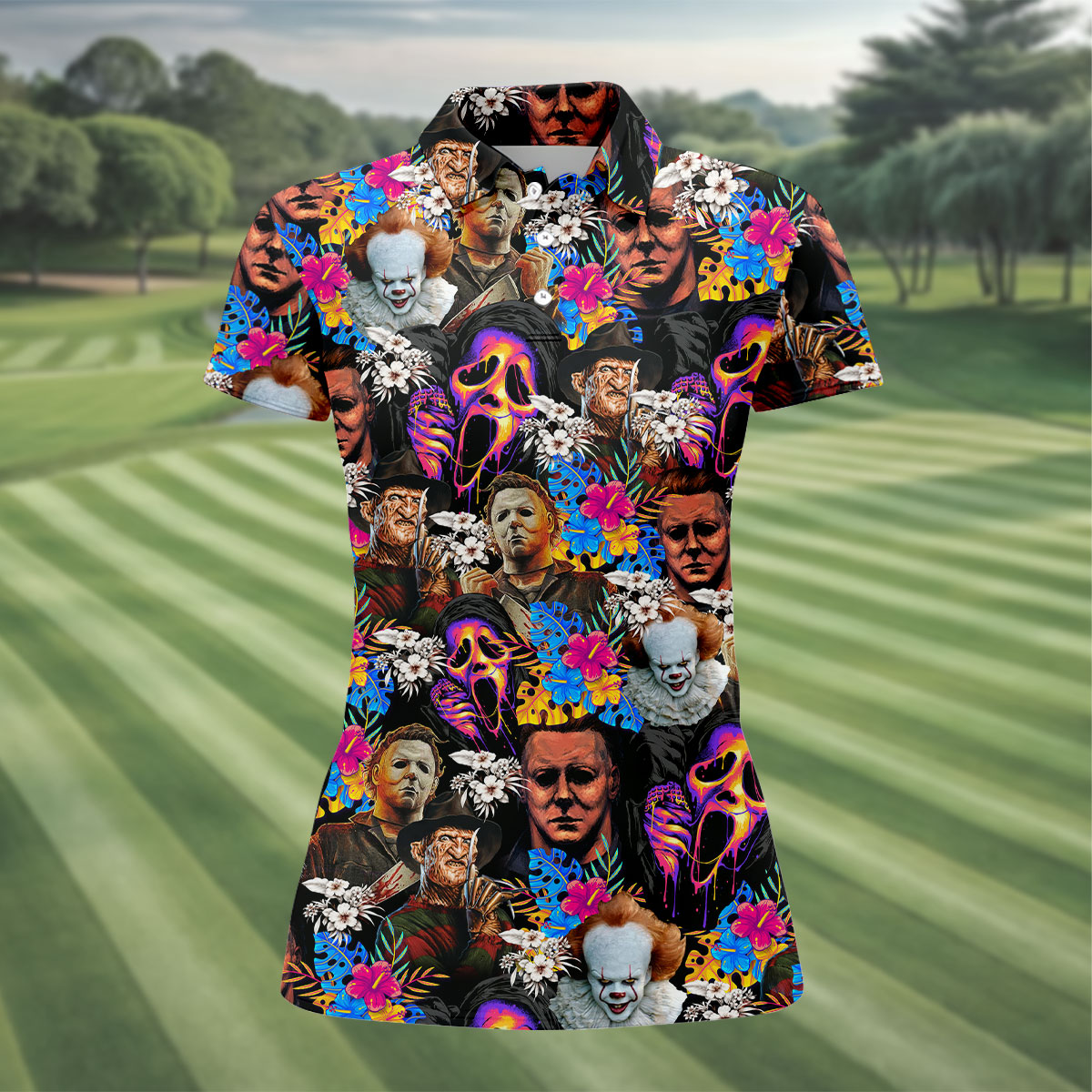 Tropical Horror Character Hawaiian Golf Shirt, Women's Golf Polo, Halloween Golf Shirt