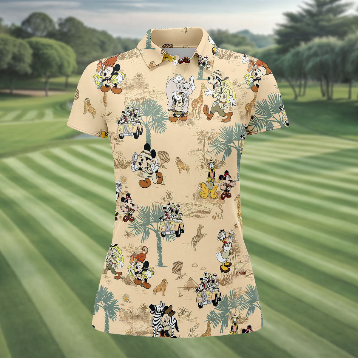 Safari Adventure Cartoon Pattern Golf Polo Shirt, Golf Shirts For Women, Women’s Golf Polo