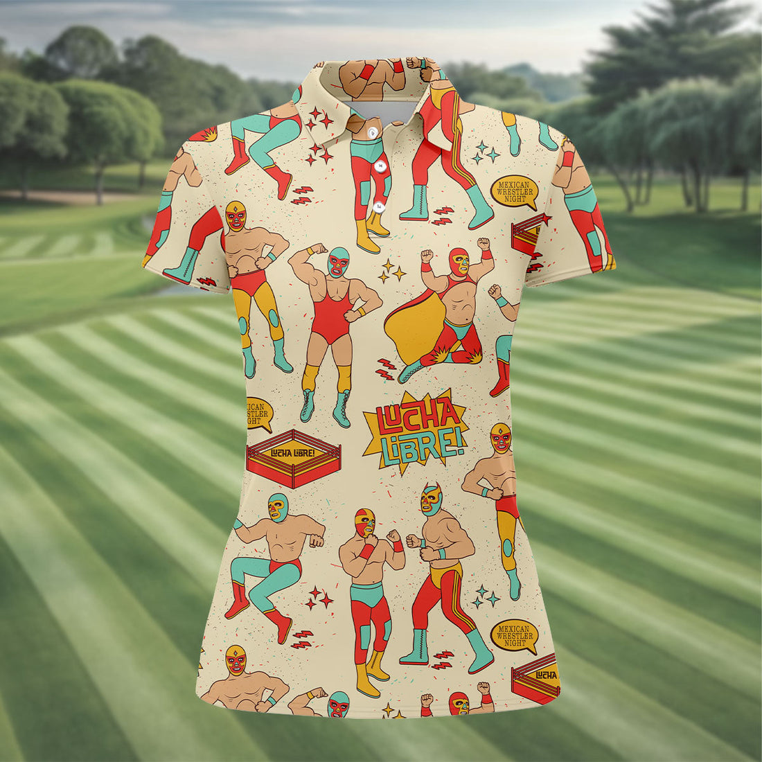 Beige Lucha Libre Mexican Wrestler Pattern Golf Shirt, Women's Golf Tops, Printed Golf Shirt