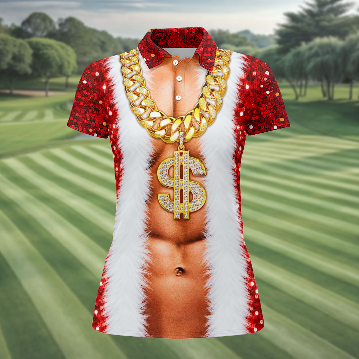 Funny Santa Gold Dollar Chain Golf Polo Shirt, Ladies Golf Shirts, Women’s Golf Apparel
