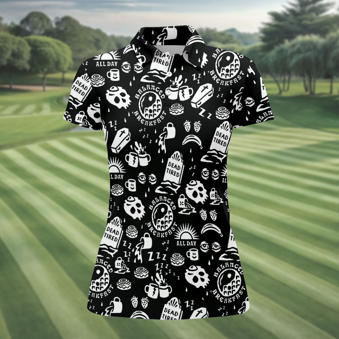 Dead Tired Coffee Breakfast Pattern Golf Shirt, Women's Golf Tops, Golf Shirts For Women