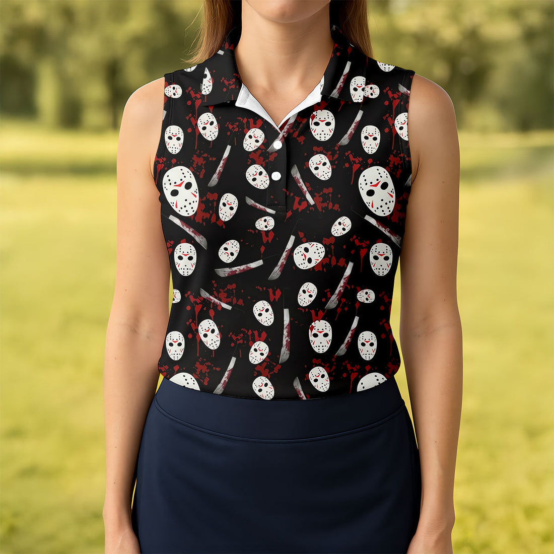 Hockey Mask Blood Pattern Halloween Golf Polo Shirt, Ladies Golf Tops, Golf Shirts For Women