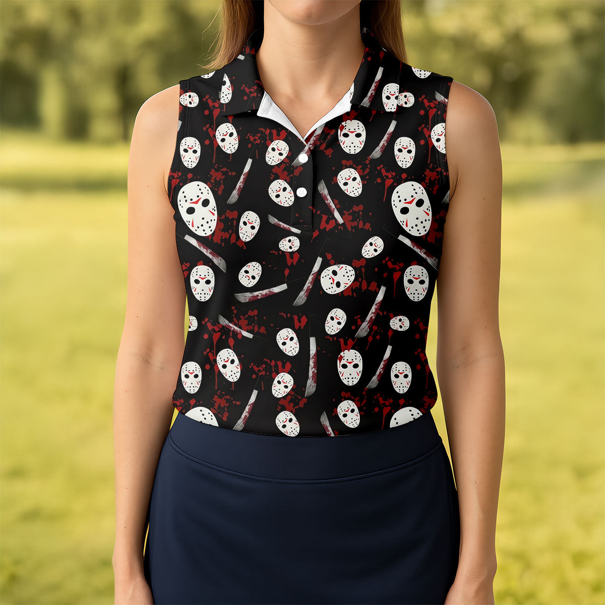 Hockey Mask Blood Pattern Halloween Golf Polo Shirt, Ladies Golf Tops, Golf Shirts For Women
