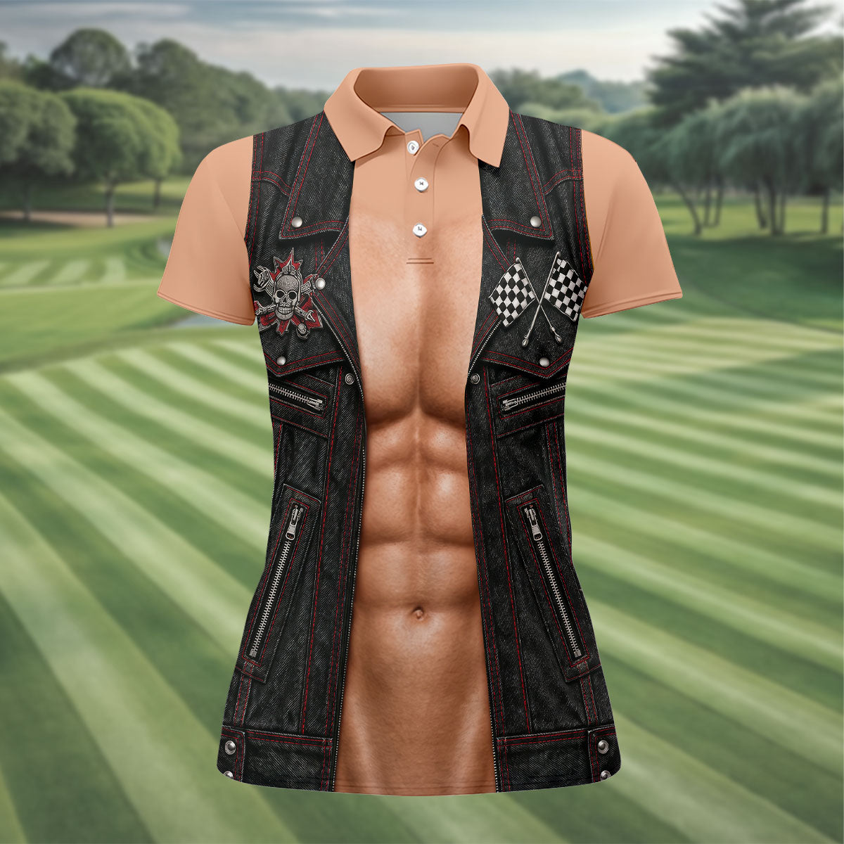Black Red Racing Leather Vest Golf Polo Shirt, Ladies Golf Shirts, Women's Golf Apparel