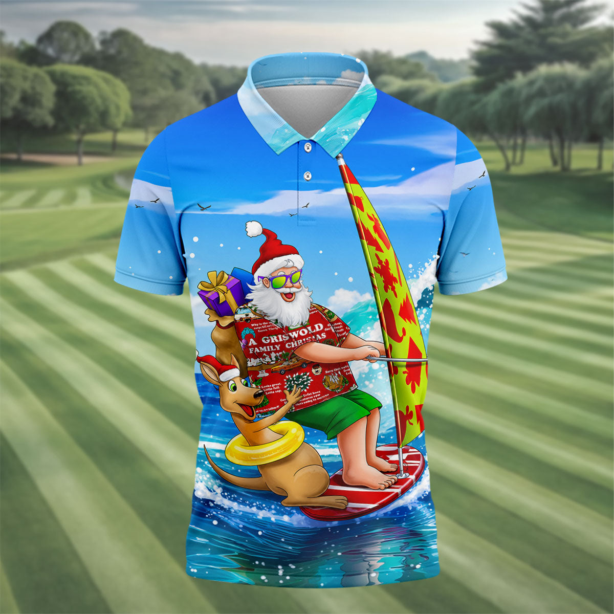 Santa And Reindeer Beach Surfing Christmas Golf Shirt, Men's Golf Shirt, Hawaiian Golf Shirt