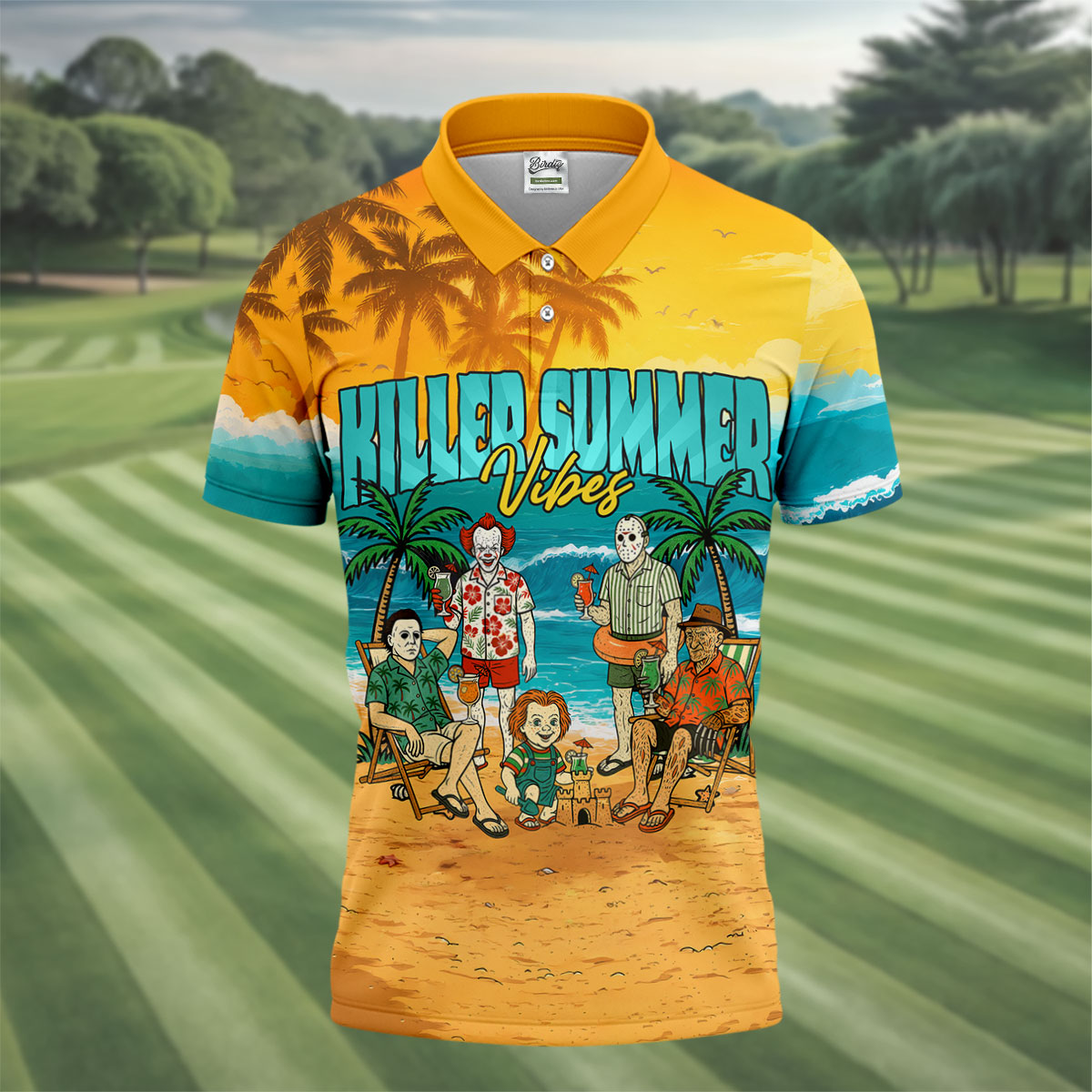 Killer Summer Vibes Horror Beach Party Golf Hawaiian Shirt, Men's Golf Shirt, Mens Golf Polo