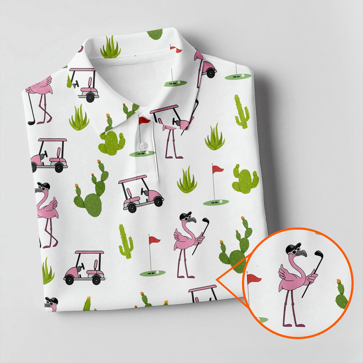 Pink Flamingo Golf Cart Cactus Hawaiian Golf Shirt, Mens Golf Polo, Golf Apparel For Men