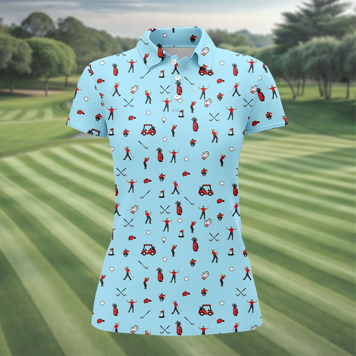 Blue Golf Player Pattern Polo Shirt, Women's Golf Tops, Ladies Golf Shirt