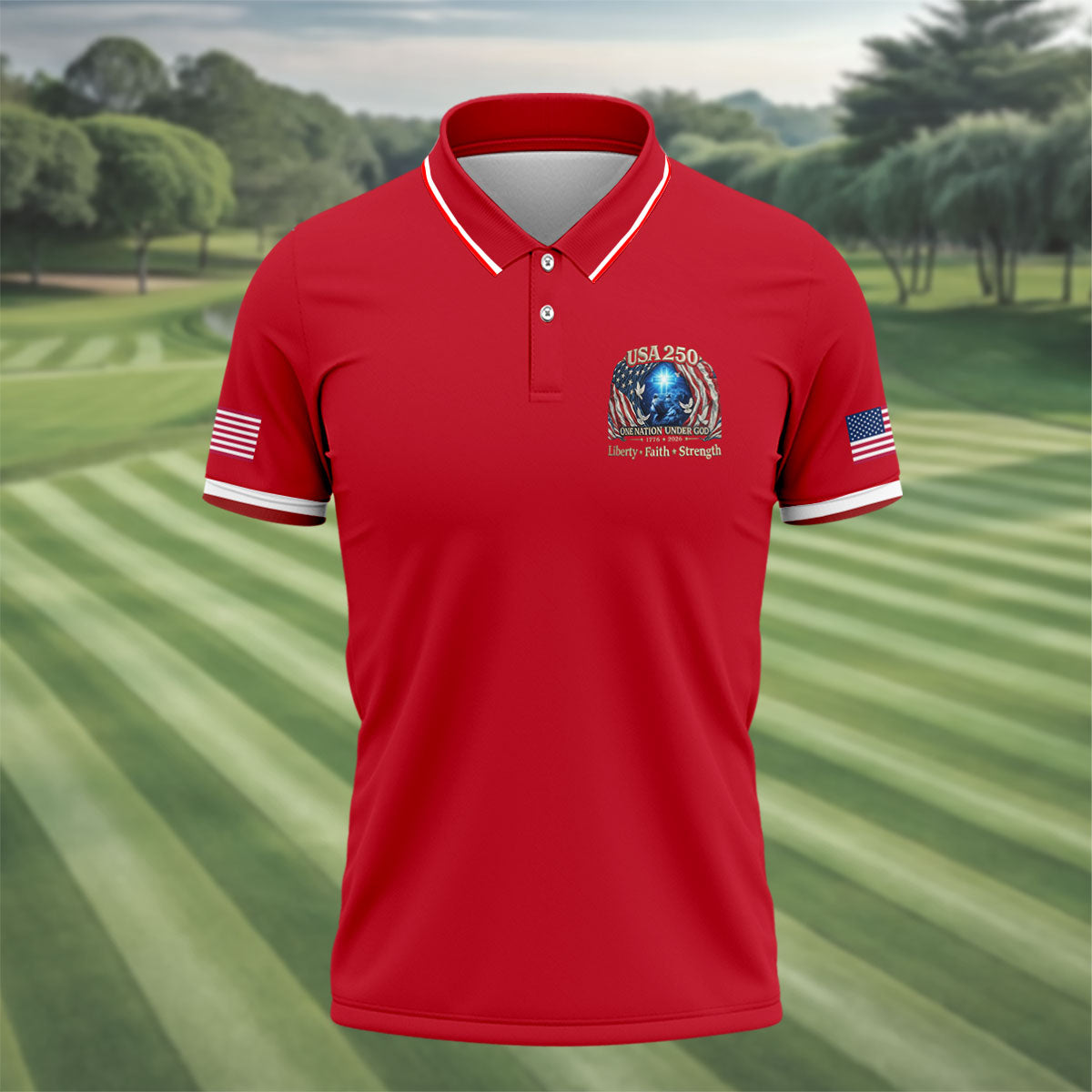 One Nation Under God Faith Cross USA 250 Logo Red Golf Shirt, 4th Of July Golf Shirts For Men