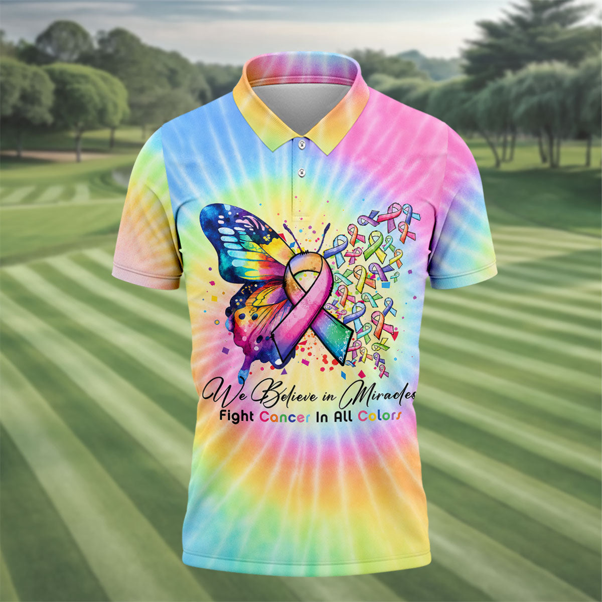 We Believe In Miracles Cancer Ribbon Polo Shirt, Golf Shirts For Men, Mens Golf Apparel