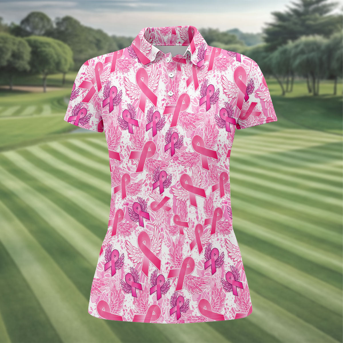 Breast Cancer Pink Ribbon Angel Wings Polo Shirt, Women's Golf Polo, Golf Tops For Women