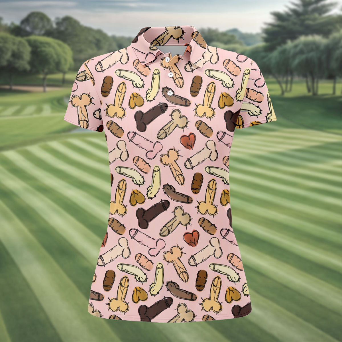 Funny Penis Doodle Pattern Golf Polo Shirt, Women's Golf Tops, Printed Golf Shirt