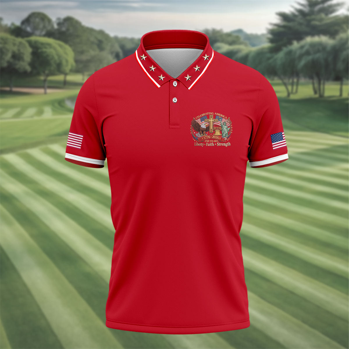 Liberty Faith Strength Faith Cross USA 250 Red Golf Shirt, 4th Of July Golf Shirts For Men