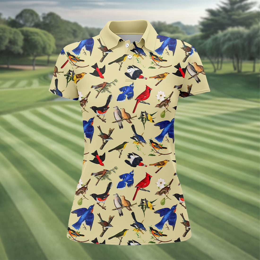 Vintage Colorful Wild Bird Pattern Golf Polo Shirt, Ladies Golf Shirts, Golf Tops For Women