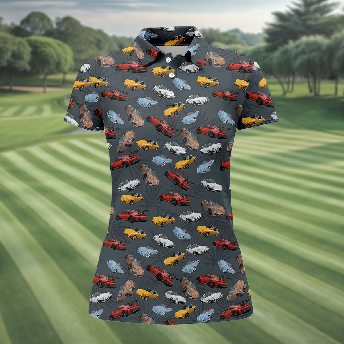 Charcoal Vintage Sports Car Pattern Golf Polo Shirt, Golf Shirts For Women, Women's Golf Polo