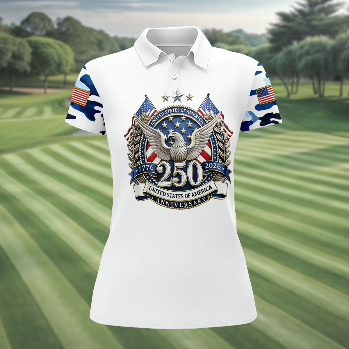 Patriotic Bald Eagle Blue And White Camo White Golf Shirt, 250th Anniversary Women's Golf Shirts