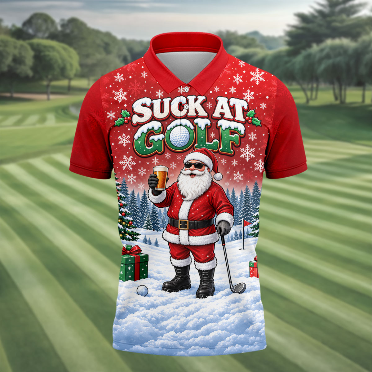 Suck At Golf Santa Beer Christmas Golf Shirt, Ladies Golf Shirts, Golf Tops For Women