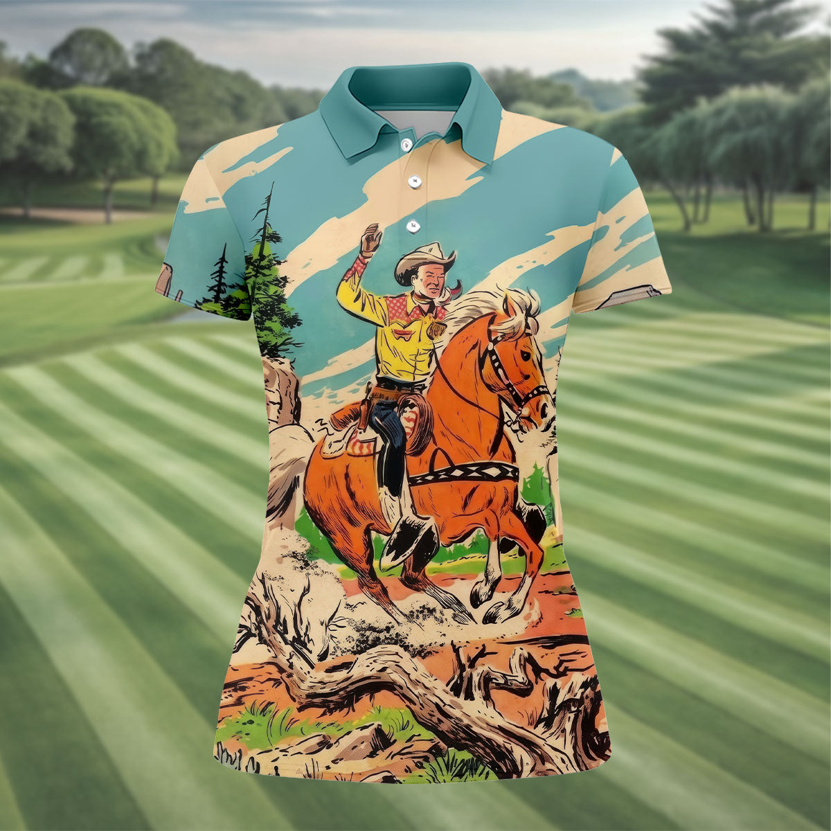 Vintage Cowboy Horse Riding Golf Polo Shirt, Golf Shirts For Women, Ladies Golf Tops