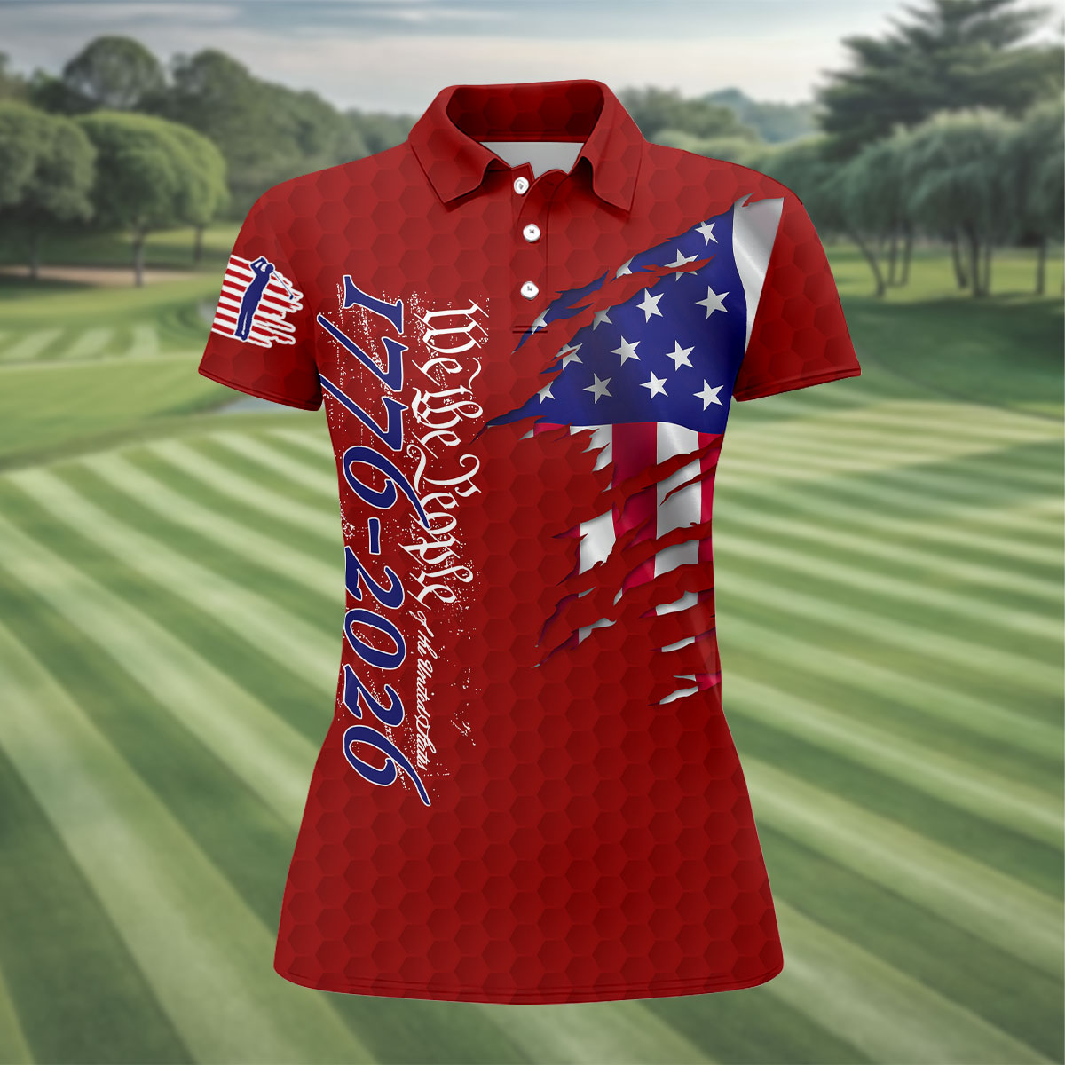 We The People Distressed American Flag Red Golf Shirt, 4th Of July Golf Shirt For Women