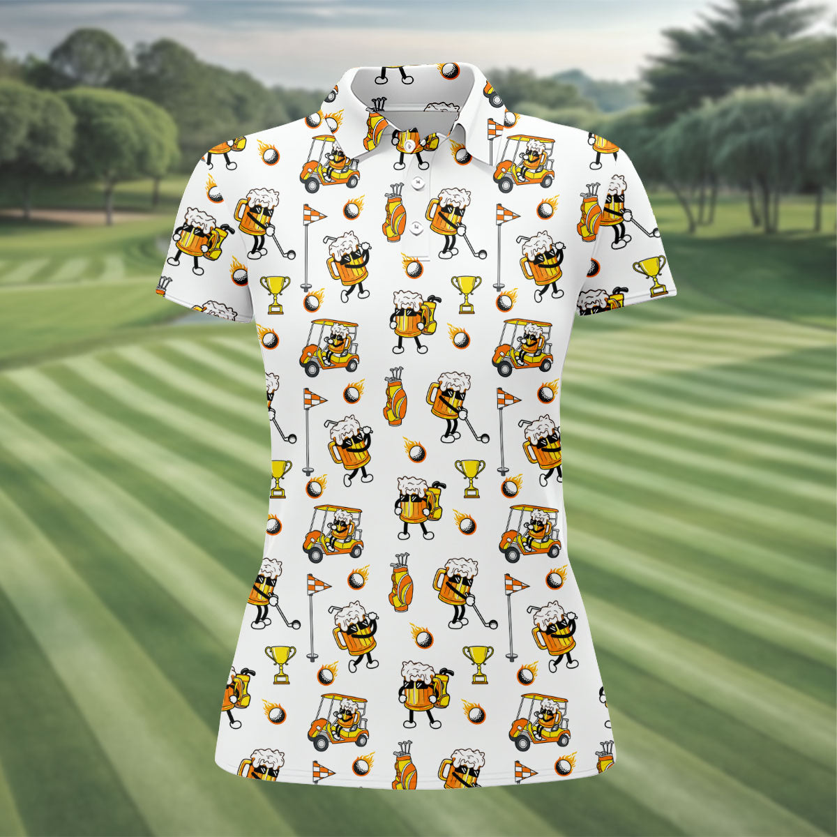 Funny Beer Mug Golfer Pattern Golf Polo Shirt, Women’s Golf Polo, Golf Shirts For Women