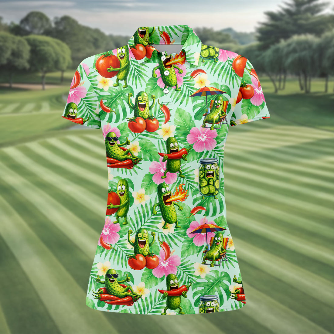 Funny Pickle Tomato Chili Tropical Hawaiian Golf Shirt, Golf Polo For Women, Printed Golf Shirt