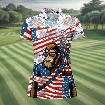 Red White Blue Stars And Stripes 250 Years Bigfoot Golf Shirt, Patriotic 4th Of July Golf Shirt For Women
