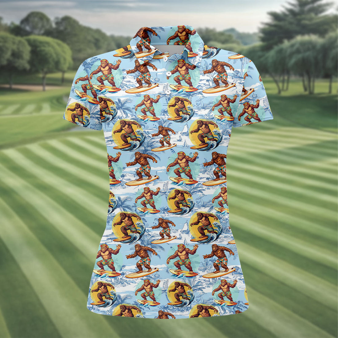 Surfing Bigfoot Hawaiian Golf Shirt, Womens Golf Tops, Golf Polo For Women