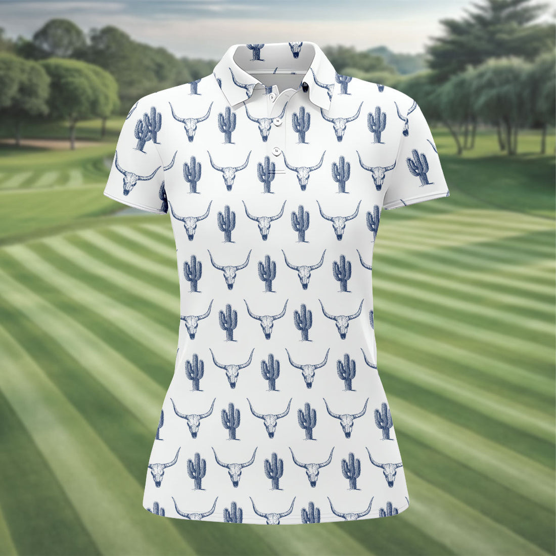 Western Longhorn And Cactus Pattern Golf Shirt, Women's Golf Shirt, Hawaiian Golf Shirt, Golf Polo For Women