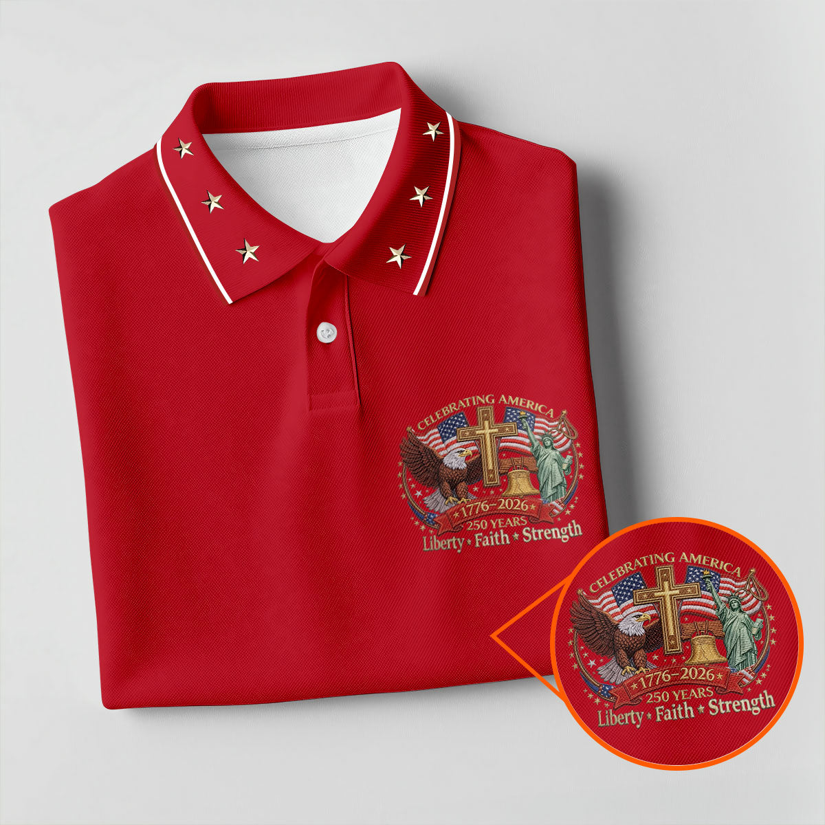 Liberty Faith Strength Faith Cross USA 250 Red Golf Shirt, 4th Of July Golf Shirt For Women