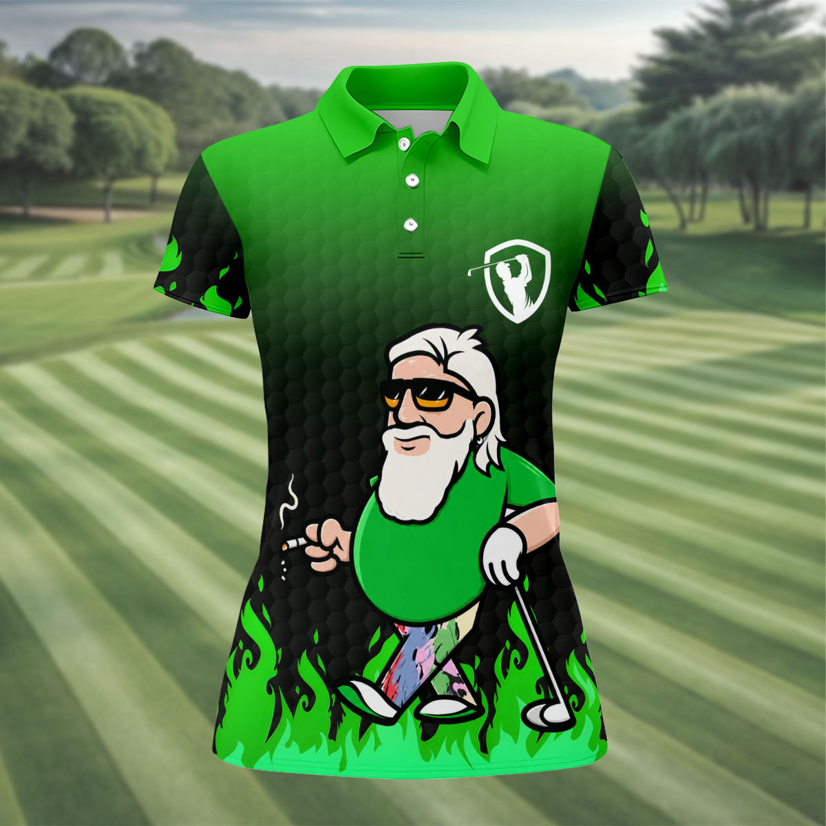 Cool Bearded Golfer Cartoon Women's Golf Tops, Golf Polo For Women, Women’s Golf Apparel