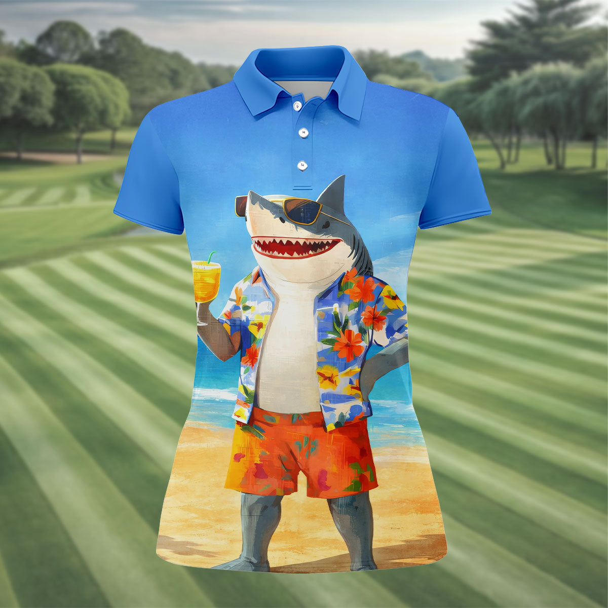 Funny Shark On Tropical Beach Vacation Golf Polo Shirt, Golf Shirts For Women, Women's Golf Apparel
